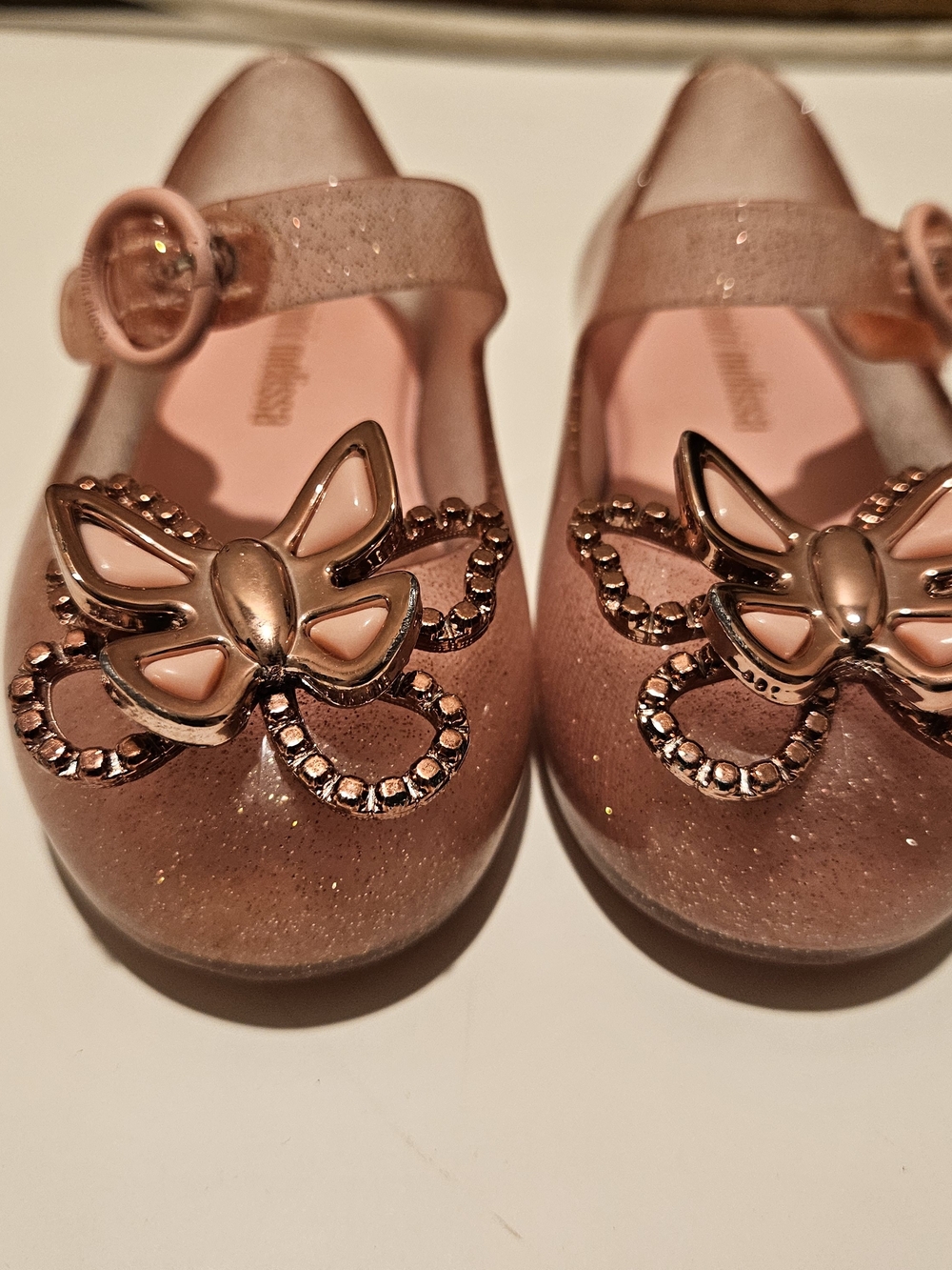 Mini Melissa Girls' Sparkle Pink Butterfly Mary Janes